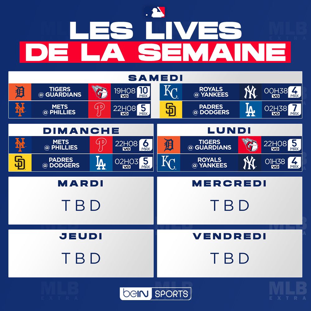 MLBextra (@mlbextra) on Twitter photo ⚾️ #MLBextra
🚨 Voici le programme des matchs diffusés du 5 au 7 Octobre sur <a href="/beinsports_FR/">beIN SPORTS</a> (sous réserve de modifications) !
Toutes ces rencontres en VO, les lives VF seront mardi et mercredi la semaine prochaine 🔥 ⚾️ #MLBextra
🚨 Voici le programme des matchs diffusés du 5 au 7 Octobre sur <a href="/beinsports_FR/">beIN SPORTS</a> (sous réserve de modifications) !
Toutes ces rencontres en VO, les lives VF seront mardi et mercredi la semaine prochaine 🔥
