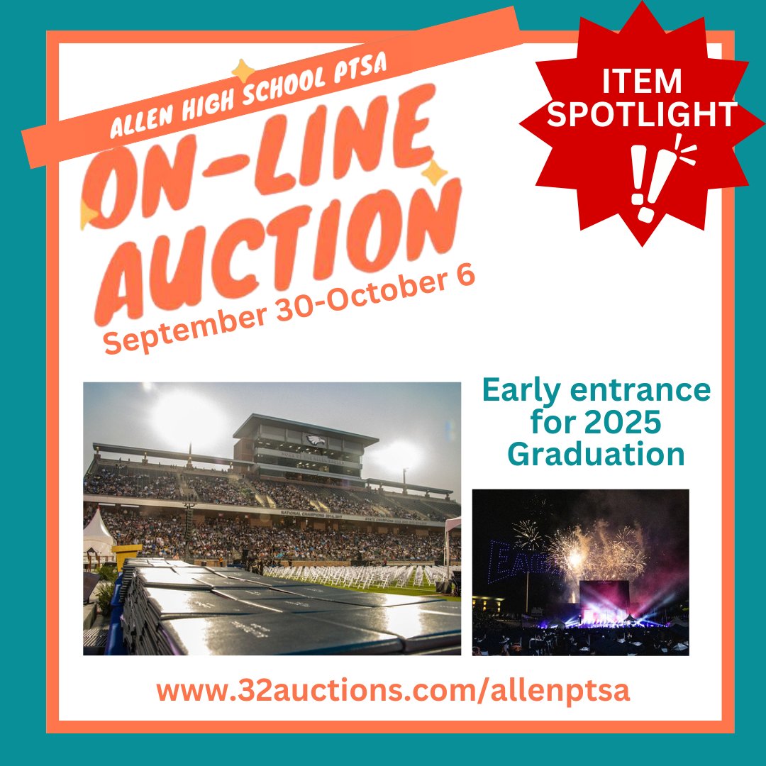 AllenPTSA's tweet image. 📷TWO DAYS LEFT!📷
Don't miss out on all the great items in our Silent Auction including these for our senior families... A premium Senior Photo Session AND Early Entrance to Graduation!
32auctions.com/allenptsa @AllenHS_Eagles
@LFCEagles
@AllenSTEAM
@TheAHS_STUCO