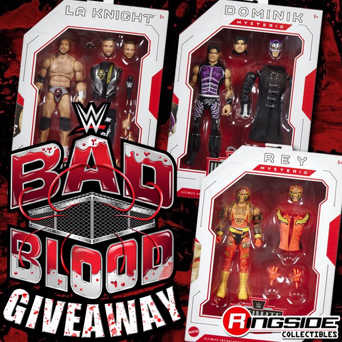 🩸 BAD BLOOD GIVEAWAY 🩸

Enter our #WWE #BadBlood Giveaway Contest for your chance to win a Complete Set of 3 <a href="/Mattel/">MATTEL</a> <a href="/WWE/">WWE</a> Ultimate Edition 23!

Featuring Dominik Mysterio, Rey Mysterio &amp; LA Knight!

To enter:
- Must be following @ringsidec 
- Like &amp; Repost THIS post
- Post a