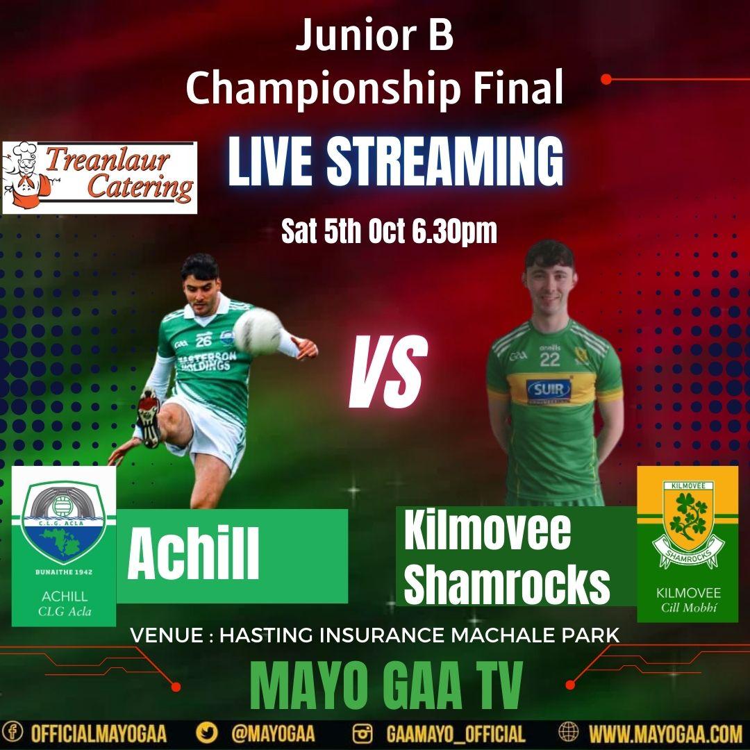 Join us this evening for the first County Final at 6:30pm in Hastings Insurance MacHale Park. 

Treanlaur Catering Junior B Final.  Achill GAA and Kilmovee Shamrocks

📺 You can watch all games here,👇👇👇
 mayogaatv.com

Tickets are now available on line for this