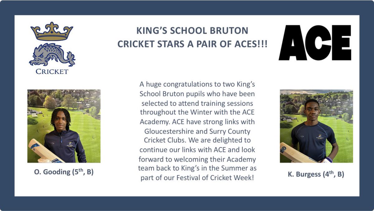 CricketKSB's tweet photo. ACE have strong links with both @gloucestershire_cricket and @surreycricket and we are delighted to continue our links working with the programme! 

@kingsbruton  @KSBSportDept @KSBBlackfordHse @KSBAdmissions 

#KingsCricket #KSBCricket https://t.co/tfIYFshMAM