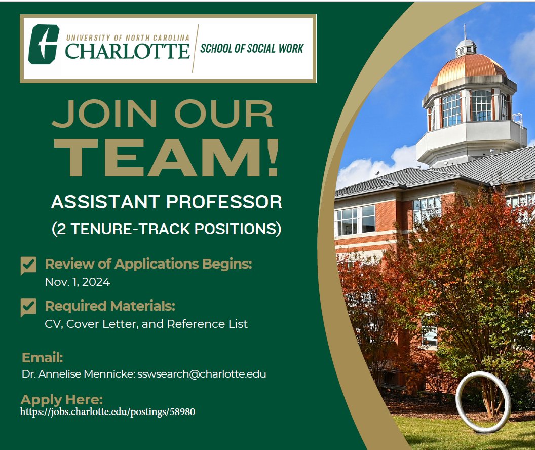 Alicia Anne Dahl, Ph.D. (@pubhealthdahl) on Twitter photo Are you looking for an academic position in #SocialWork? Check out this #AssistantProfessor opportunity with <a href="/CLTSocialWork/">UNC Charlotte School of Social Work</a>: jobs.charlotte.edu/postings/58980
<a href="/CLT_CHHS/">UNC Charlotte College of Health & Human Services</a> <a href="/unccharlotte/">UNC Charlotte</a> @miniAmenni Are you looking for an academic position in #SocialWork? Check out this #AssistantProfessor opportunity with <a href="/CLTSocialWork/">UNC Charlotte School of Social Work</a>: jobs.charlotte.edu/postings/58980
<a href="/CLT_CHHS/">UNC Charlotte College of Health & Human Services</a> <a href="/unccharlotte/">UNC Charlotte</a> @miniAmenni