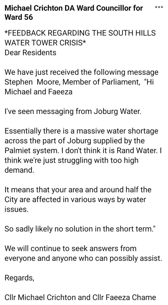 mikecrichton's tweet photo. The residents really would like an answer from @JHBWater regarding the NO water supply from the South Hills Water Tower! Four days and counting of no water supply! #disgrace #NoCommunication #WeWantWater @JackSekwaila @CdeDada https://t.co/mdiyACxXJ3