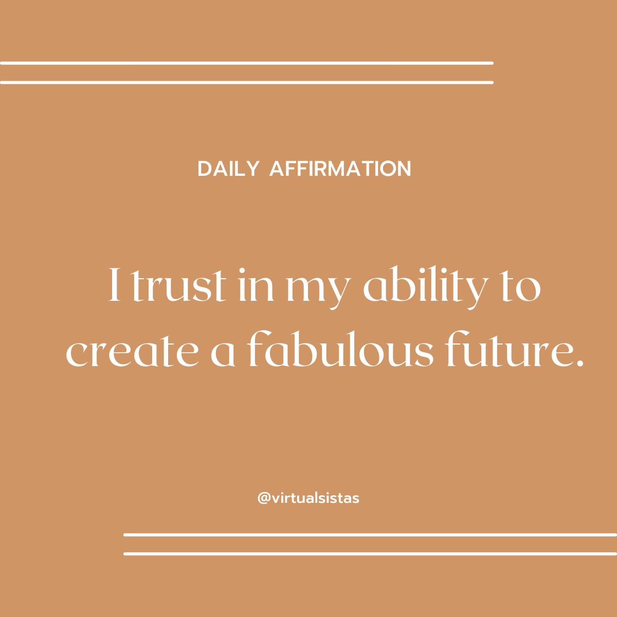 virtualsistas's tweet photo. ✨Daily Affirmation✨
.
I trust in my ability to create a fabulous future.
.
.
.
.
.
.
.
.
#Virtualsistas #VirtualAssistantService #VirtualWork #DigitalSupport #TaskAssistant #OnlineProductivity #RemoteHelp #OutsourceWork #TaskManagementPro #VirtualWorkplace #DigitalEfficiency https://t.co/LhYVvgkDSC