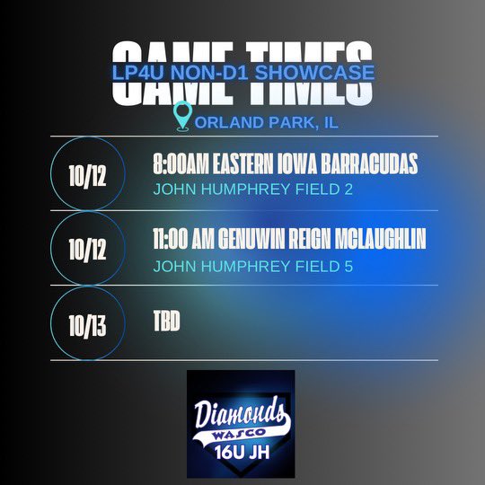 Schedule Drop for Orland Park! ⬇️⬇️
<a href="/WD16uJH/">Wasco Diamonds 16u JH</a> <a href="/WascoDiamonds/">Wasco Diamonds</a>