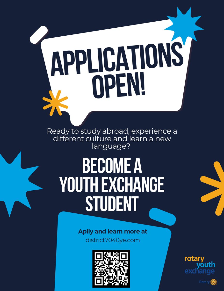We're now taking applications for Rotary Youth Exchange students! Apply at the District 7040 Youth Exchange website or using the QR code in the poster.

#rotaryclubofkingston
#kingstonrotary
#rotaryinkingston
#youthexchange