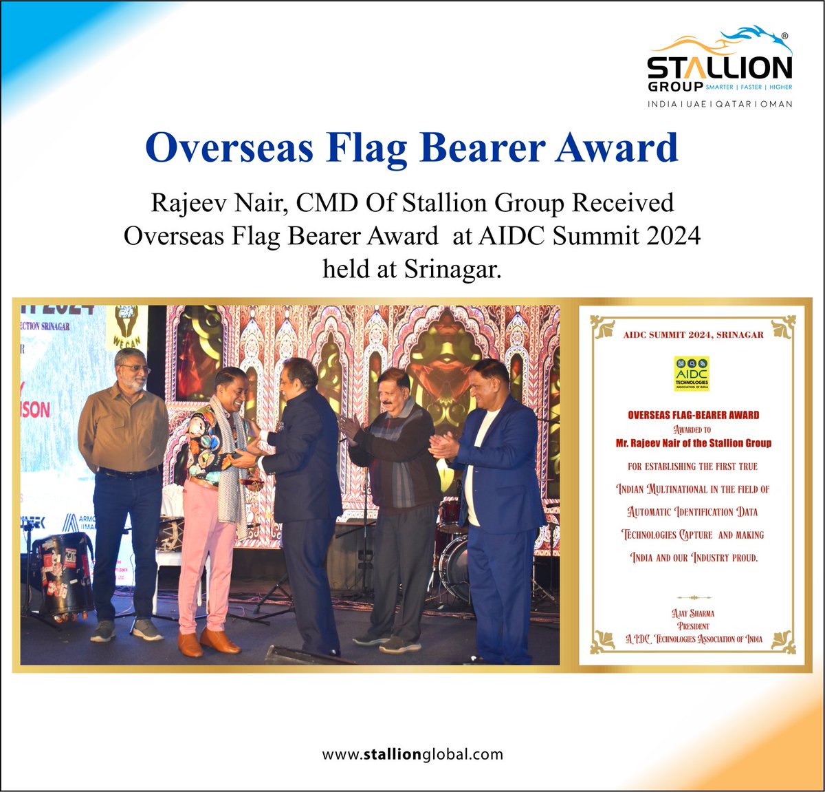 StallionGlobal's tweet image. We are thrilled to announce that our Chairman, 
Mr. Rajeev Nair has been honored with the Overseas Flag Bearer Award at the AIDC Summit 2024! 

 #StallionOnebyte #ProudMoment #AwardWinner #FlagBearerAward #IndustryLeader #AIDCSummit  #StallionGroup #Kochi #India #UAE #Oman #Qatar