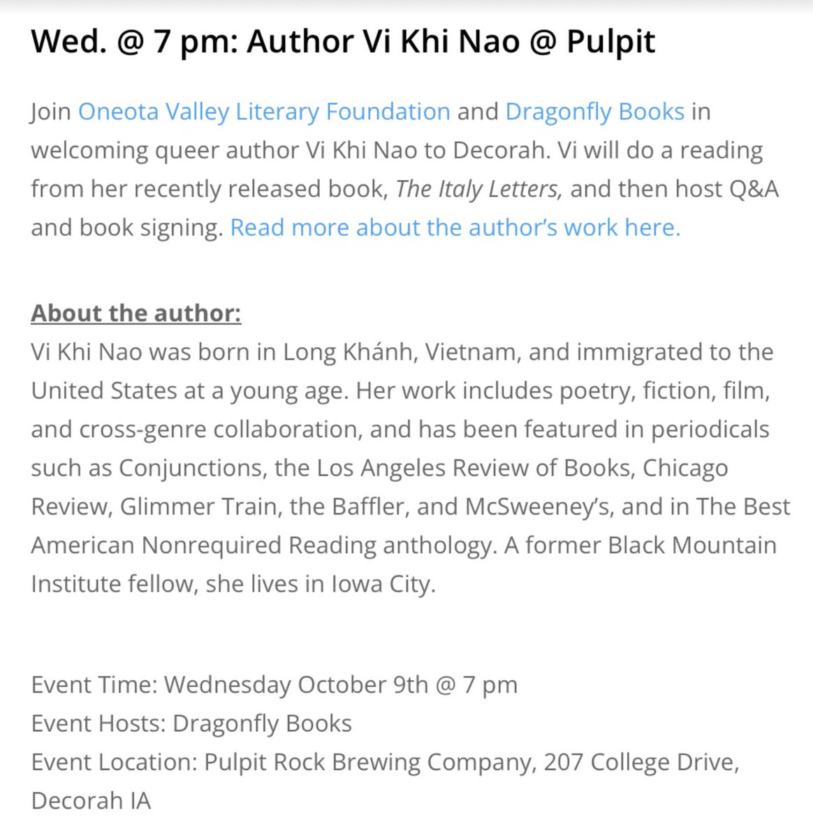 I have a reading at Dragonfly Books in Decorah, IA this Wednesday October 9th at 7 pm: dragonflybooks.com/events/20241009