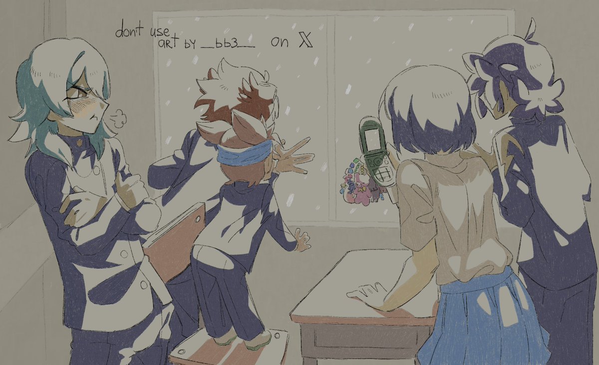 #инатобер2024 дни 5-6: первый снег.
один в классе кричит "смотрите, снег идёт!" и все тут же подбегают к окну. (кария пытается делать вид, что он не заинтересован...)