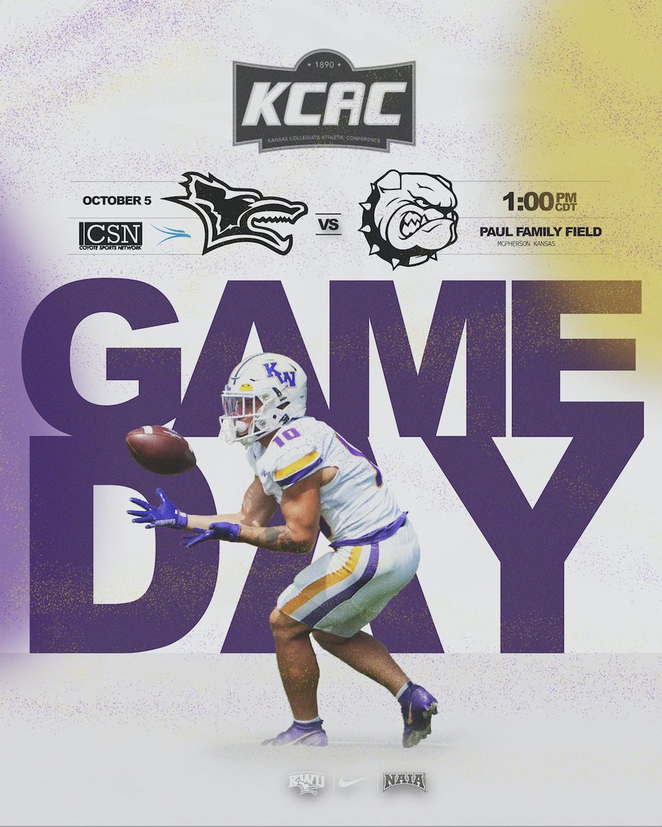FB| GAME DAY
🆚 McPherson College
⏰ 1:00 PM CDT
🏟️ Paul Family Field 
📍 McPherson, KS
📻 KINA (910 AM/ 107.5 FM)
📊kwucoyotes.com/sidearmstats/f…
📺 kcacnetwork.com/kansaswesleyan/