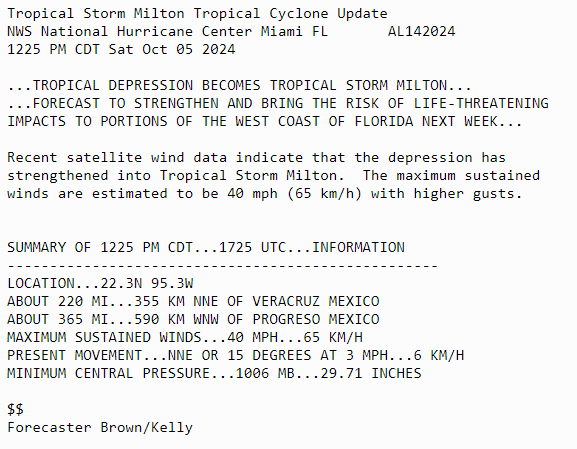 NHC_Atlantic's tweet photo. 1225 PM CDT Oct 5: Depression becomes Tropical Storm #Milton  Stay up to date with the latest forecast at https://t.co/tW4KeGe9uJ https://t.co/7faKFL0kkO