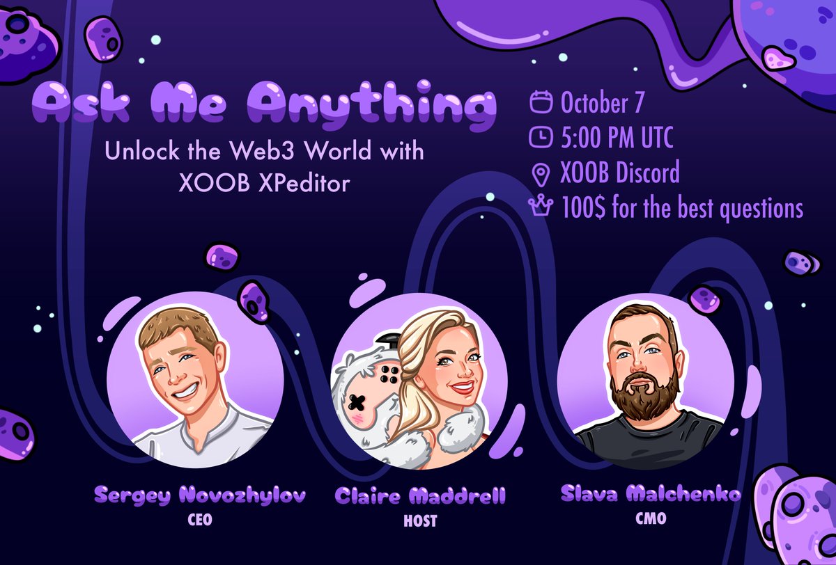 XOOBNetwork's tweet photo. 🎙 Get ready for an exciting AMA with the XOOB team!

Join us as we dive into all things XOOB and answer your burning questions! 💬

 🗓 Monday, October 7th
🕔 5:00 PM UTC
🔴 Live on our Discord

💬 Have questions? Submit them via our Google Form - https://t.co/xDQF6ZjIAw or ask directly during the AMA! 5 of the best questions submitted through the Google Form will share a prize pool of $100 USDT! 🤑

✨ Also, a special code will be revealed during the AMA that you can enter on our website to receive 7,500 XP! Everyone who enters this code will receive the important role of Listener in Discord! The code will be available for only 30 minutes after it's announced, so don’t miss out! 🔔

🔥Today's combo for 100,000 milk: ⬅️➡️⬆️C D B.