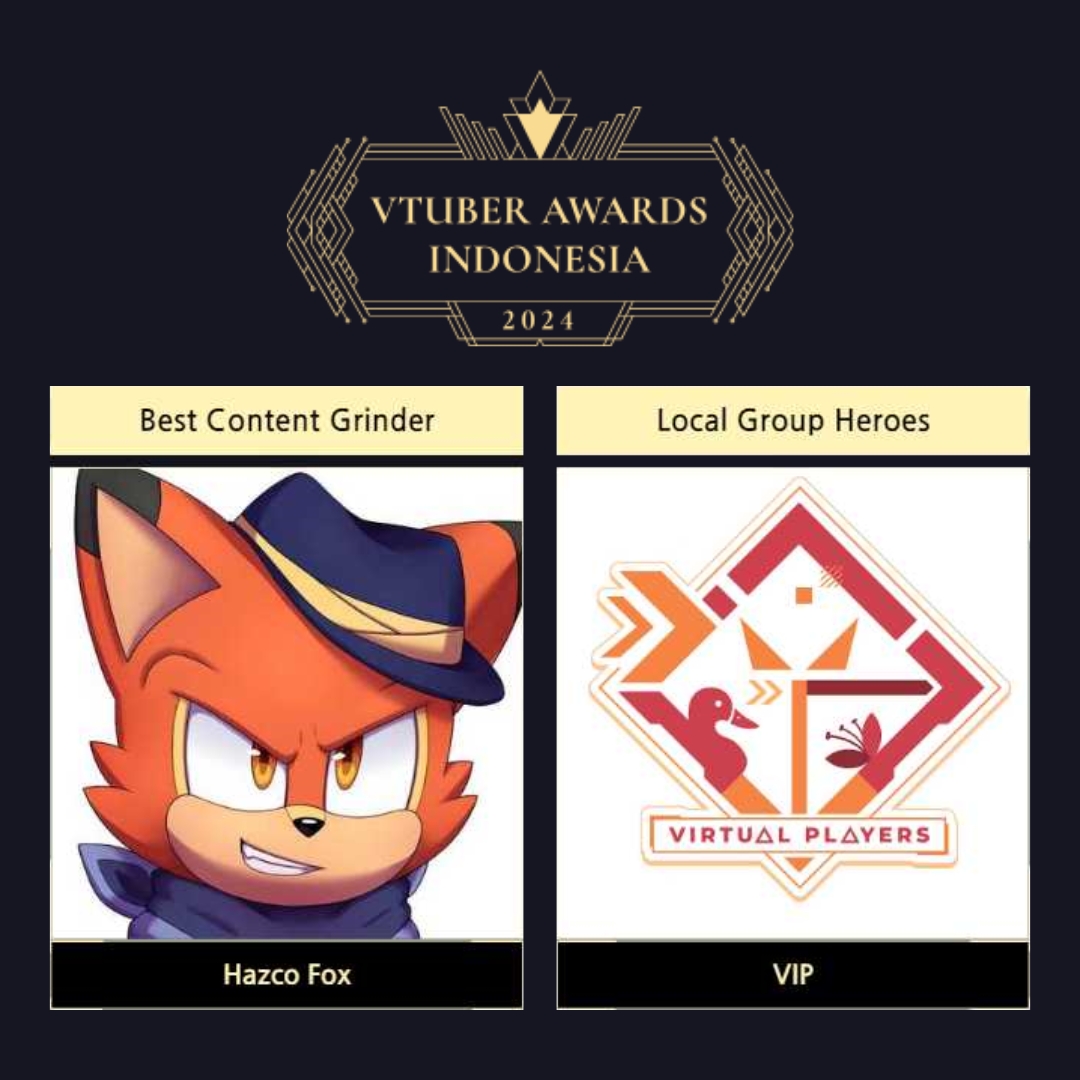 🏆 VTUBER ID AWARDS 🏆

Kami mengumumkan bahwa Tim Virtual Players dan salah satu anggota Vtuber Kami (<a href="/HazcoFox/">Hazco Fox ( VPlayers ) | Sonic VTuber</a>) masuk nominasi di kategori <a href="/VtuberIDAwards/">VTuber Awards Committee</a> sebagai berikut

LOCAL GROUP HEROES --> VIP
BEST CONTENT GRINDER --> Hazco Fox

#VTuberIDAwards2024 #VTuberIDAwards #VTuber