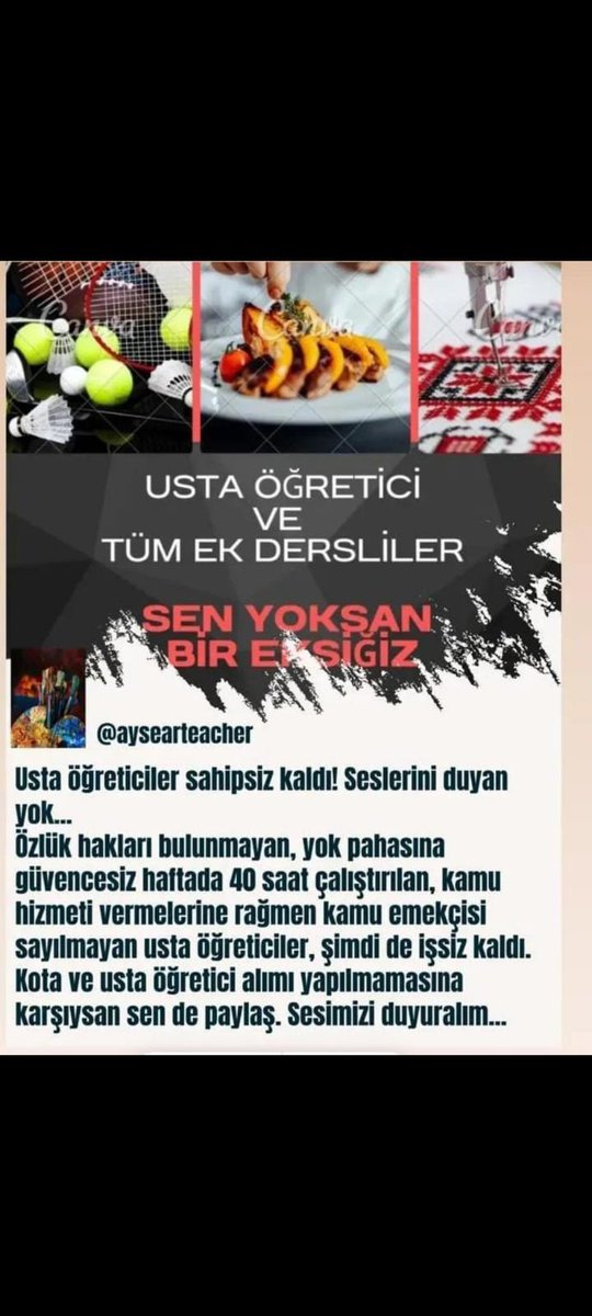 Sayın Cumhurbaşkanım Ustaöğreticiler ülkemizin ara elemanı ihtiyacının karşılanmasında görev yapan eğitimcilerdir. Usta öğreticilerin yokluğu gelecek yıllarda ülkemizi çıkmaza sürükleyecektir
<a href="/RTErdogan/">Recep Tayyip Erdoğan</a> 
<a href="/dbdevletbahceli/">Devlet Bahçeli</a>
<a href="/Yusuf__Tekin/">Yusuf Tekin</a> 
<a href="/TBMMresmi/">TBMM</a> 
#MebUstasızOlmaz 
USTA ÖĞRETİCİ