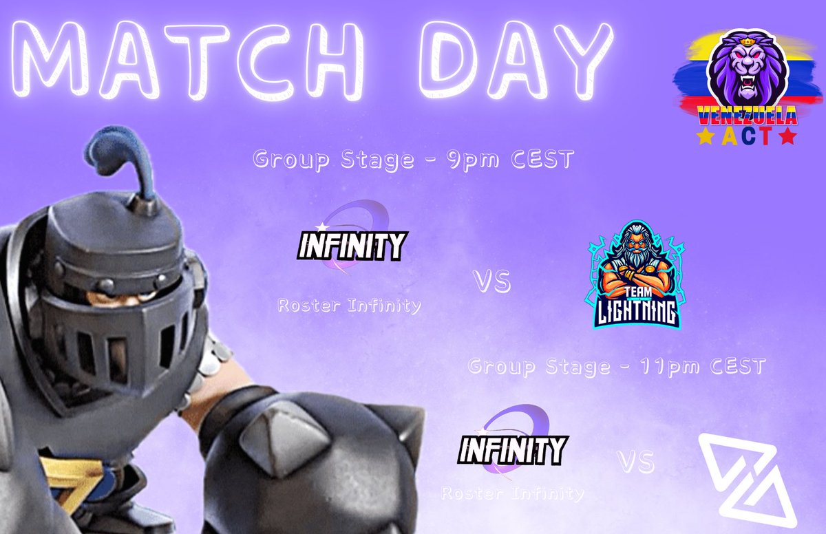 Infinity (@infinity__teamm) on Twitter photo On retrouve notre roster Infinity pour deux matchs ce soir en <a href="/VenezuelaAct_CR/">VenezuelaAct</a> ! 🤩
⚔️ • Phase de groupe - Tour 8
🆚 • <a href="/TeamLightning8/">Team Lightning</a>
⏱️ • 21h 🇫🇷
⚔️ • Phase de groupe - Tour 5
🆚 • <a href="/AscentGamingGG/">ᴀꜱᴄᴇɴᴛ ɢᴀᴍɪɴɢ</a>
⏱️ • 23h 🇫🇷
#GoInfinity 💜 On retrouve notre roster Infinity pour deux matchs ce soir en <a href="/VenezuelaAct_CR/">VenezuelaAct</a> ! 🤩
⚔️ • Phase de groupe - Tour 8
🆚 • <a href="/TeamLightning8/">Team Lightning</a>
⏱️ • 21h 🇫🇷
⚔️ • Phase de groupe - Tour 5
🆚 • <a href="/AscentGamingGG/">ᴀꜱᴄᴇɴᴛ ɢᴀᴍɪɴɢ</a>
⏱️ • 23h 🇫🇷
#GoInfinity 💜