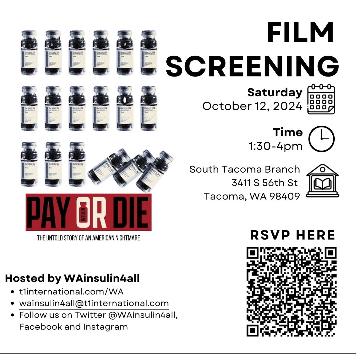 Join us in #Tacoma next week from 1:30-4 for a free film screening of “Pay or Die” about the #insulin price crisis &amp; to discuss what we can do as patient advocates

Bring a friend &amp; share with your family. 1 lucky attendee will win an #insulin4all shirt

actionnetwork.org/events/pay-or-…