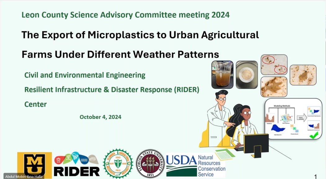 My PhD student - <a href="/Mobin_hafiz_/">Abdul Mobin</a> - and our <a href="/Mizzou/">Mizzou</a> <a href="/mizzouengineer/">Mizzou Engineering</a> collaborators presented the early findings of our <a href="/USDA/">Dept. of Agriculture</a> <a href="/USDA_NRCS/">Natural Resources Conservation Service</a> funded work about the mobilization of microplastic under different weather conditions to <a href="/LeonCounty/">Leon County, FL</a> Science Advisory Committee.