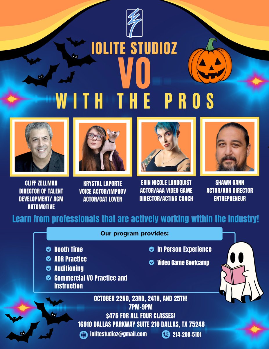 Happy Halloween!  At Iolite, we have a great Halloween lineup for you! Cliff Zellman, Krystal LaPorte, Erin Nicole Lundquist, and Shawn Gann!  Email us at iolitestudioz@gmail.com to reserve your spot!  What a great holiday treat!