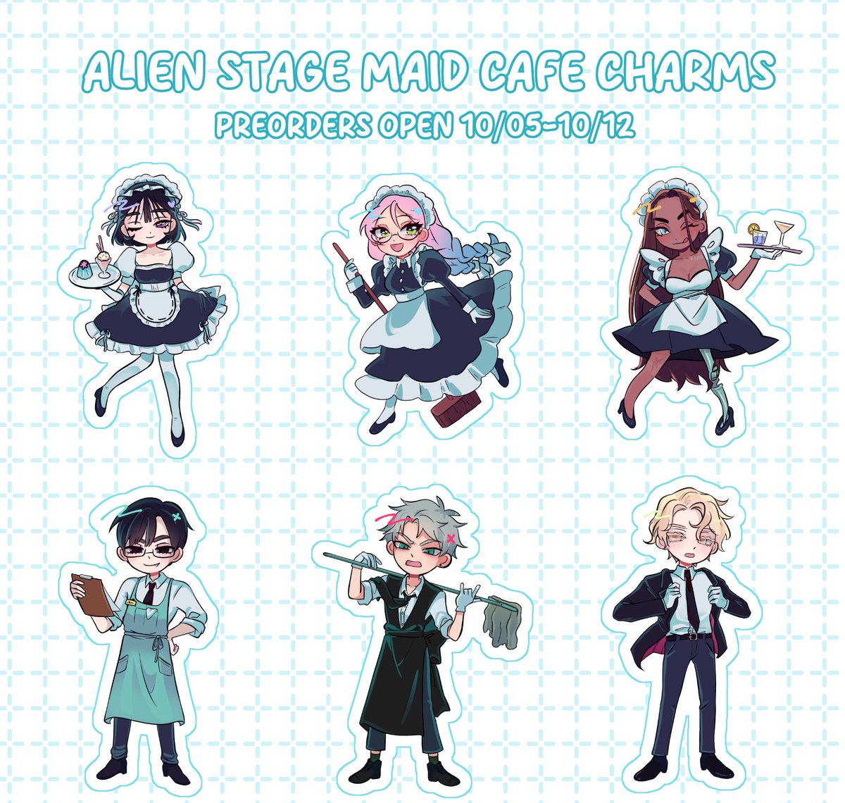 shop is finally live!!

alien stage maid cafe acrylic keychains! 

☆ 3.5in ( 8.89 cm ) 
☆ same design both sides
☆ glitter epoxy front side
☆ preorders from oct 5th - 12th! (if open longer will make a post) 

💫 doephin.bigcartel.com 

#ALNST #alienstage