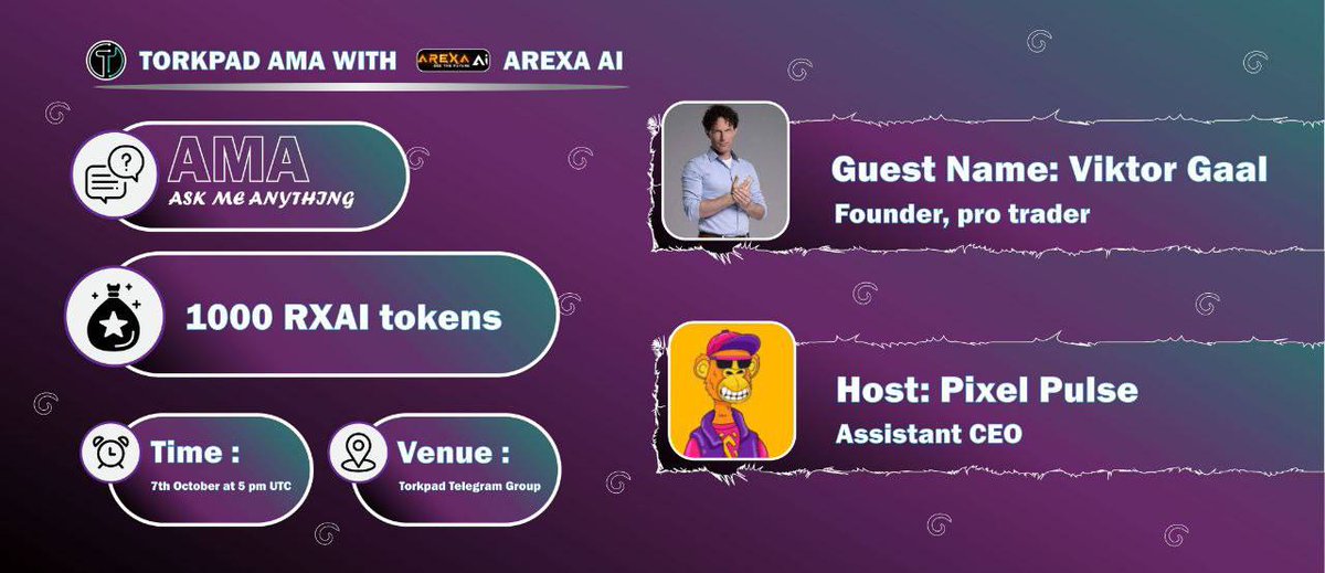 Exciting Announcement! 🎉

🔥Torkpad (torkpad.io) special AMA session with AREXA-AI (arexa.io)🔥

🗓Date: Monday, 07th October 
🔜Time: 5PM UTC
📍Venue: t.me/TorkPad
💵Reward: 300$ worth of $AREXA tokens for 3 winners 

❓How to Participate: