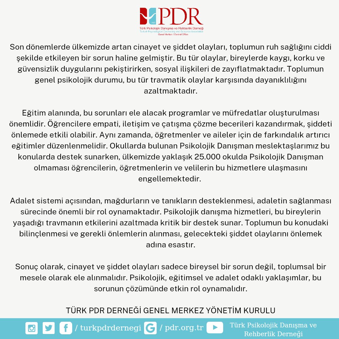 turkpdrdernegi's tweet photo. Son dönemde ülkemizde artan cinayet ve şiddet olayları, toplum üzerinde derin bir travma yaratmakta ve ruh sağlığını olumsuz etkilemektedir. Bu durum, bireylerin psikolojik sağlığını bozmanın yanı sıra, toplumsal dinamikleri de sarsmakta; güven duygusu ve sosyal ilişkiler üzerinde olumsuz etkilere yol açmaktadır. Bu noktada, psikolojik danışmanlar ve pedagoglar, önemli roller üstlenebilirler.

@turkpdrdernegi