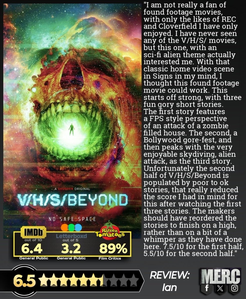 Our verdict on V/H/S/Beyond (2024)

"This starts off strong, with three fun gory short stories. Unfortunately the second half of V/H/S/Beyond is populated by poor to ok stories." - Ian

#vhsbeyond

#movies #movie #FilmX #moviereviews #moviereview #film #films