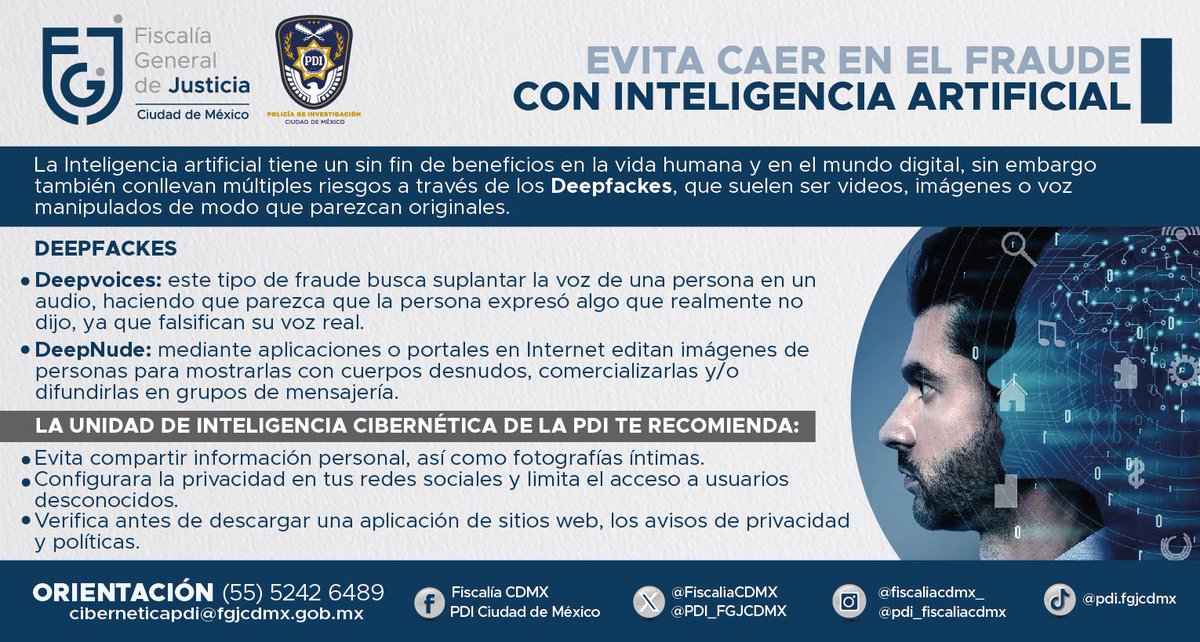 PDI_FGJCDMX's tweet photo. ¿Sabes qué es una #deepfacke ? 
La #PolicíaCibernéticaPDI, comparte estas recomendaciones para evitar ser víctima de este tipo de suplantación.

#Denuncia #cibernéticapdi #PolicíaCibernéticaPDI https://t.co/nMUvoGj3S2
