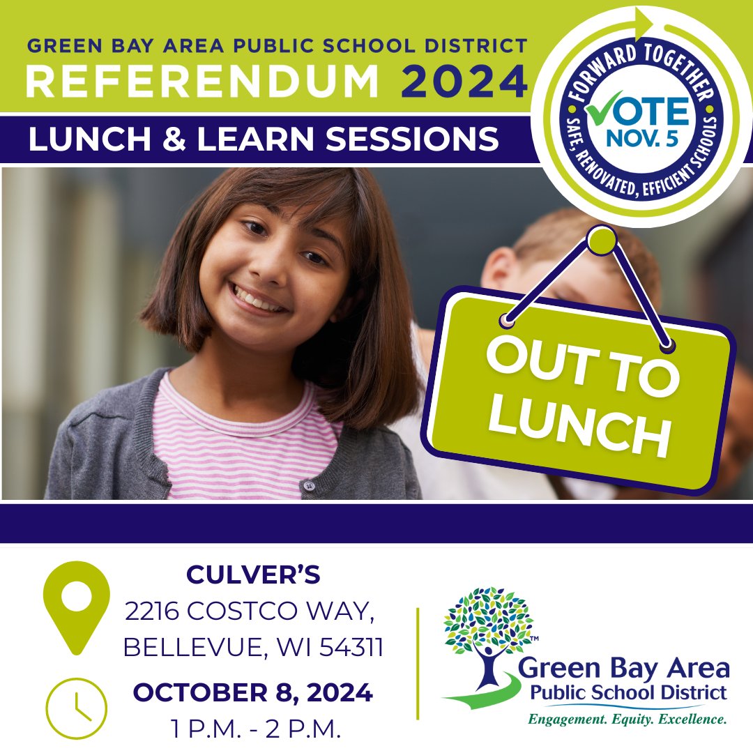 Stop out to Culver's in Bellevue (2216 Costco Way) on October 8 from 1 p.m. - 2 p.m. for some lunch and conversation. Interim Superintendent Vicki Bayer will be there to answer questions and share information about the November 5, 2024 Referendum.
#ForwardTogether #VoteNovember5