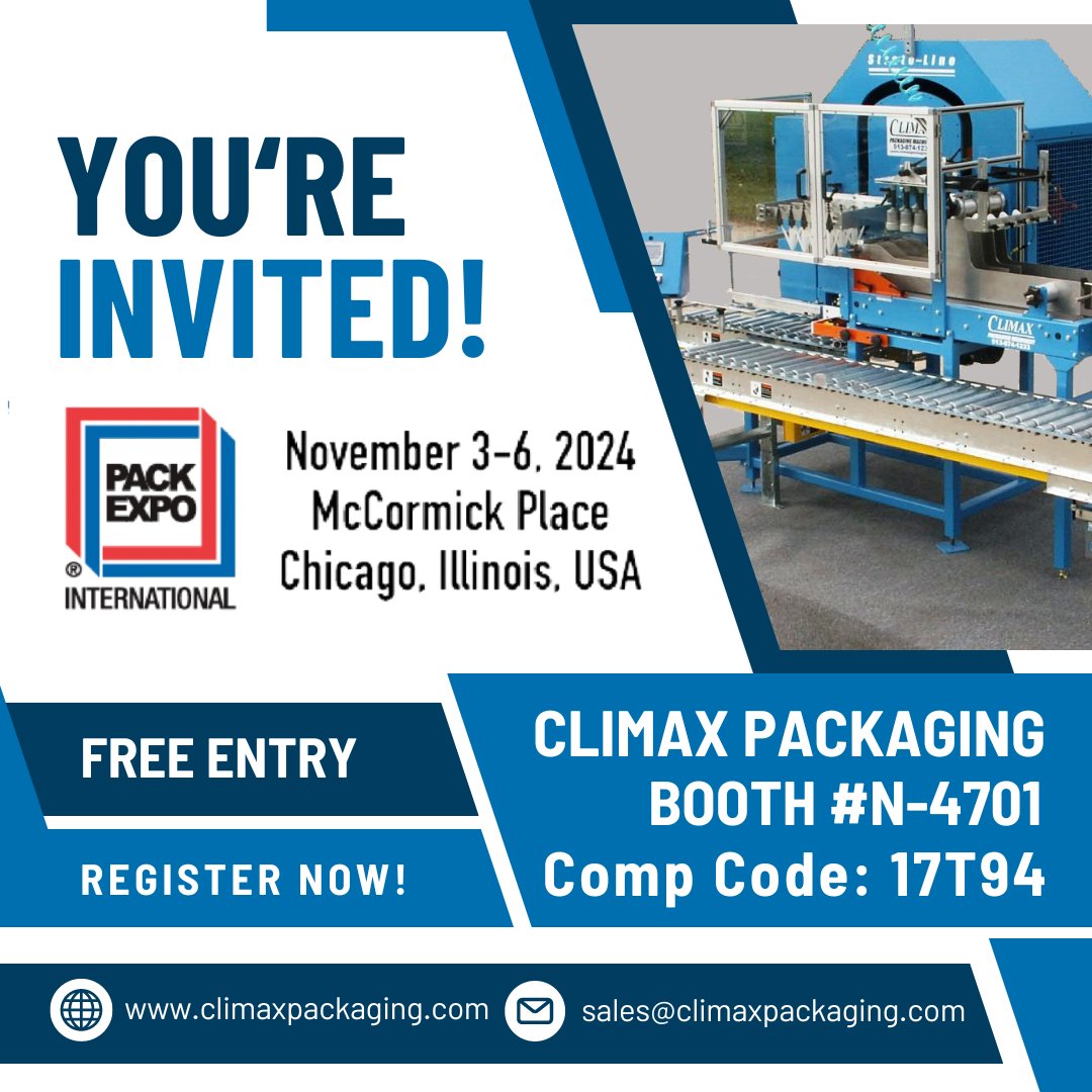 ClimaxPackaging's tweet image. Don't wait! Register today for free comped tickets to Pack Expo International in Chicago, IL this November 3rd-6th. We can't wait to see you at our booth #N-4701 for giveaways, snacks, and much more...
Register Here: lnkd.in/gDCGVSmM

#packagingmachinery #PackExpo
