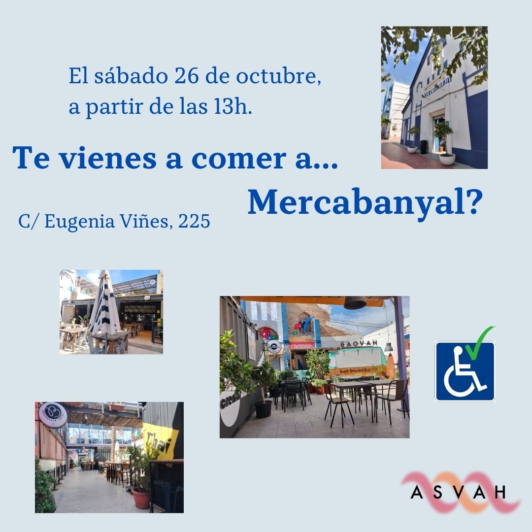 Quieres comer con nosotros en el mercado gastronómico Mercabañal? Al aire libre y con muchos tipos de comida a elegir.
Enfrente de la playa La Malvarrosa.

No hace falta reservar, entrada libre!

#ocio #ataxia #ataxiasvalencia #enfermedadesdegenerativas #neurodegenerativas #EERR