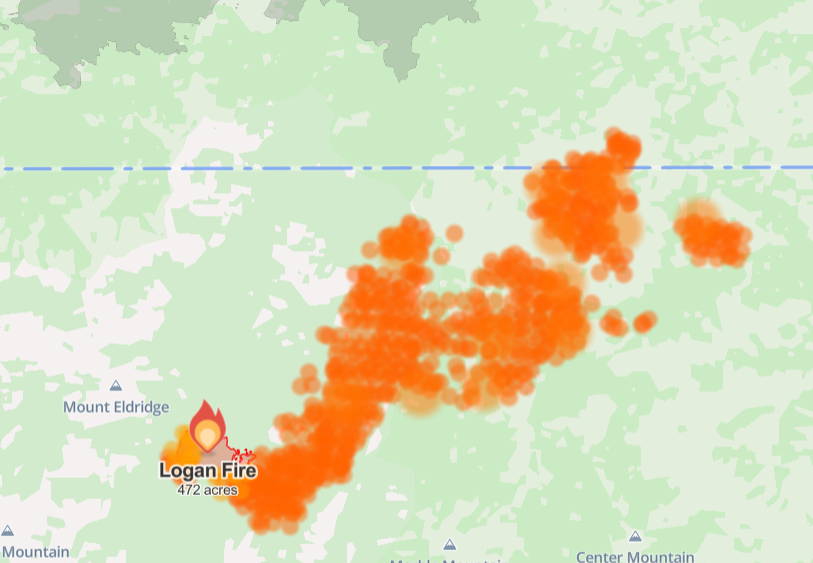 KernFiregraph's tweet photo. Heat signatures showing rapid growth yesterday of multiple fires in Idaho, including the #BlackEagleFire, #RedRockFire, #BirchFire, and #LoganFire.
map via watch duty https://t.co/PTEdPGZEtH