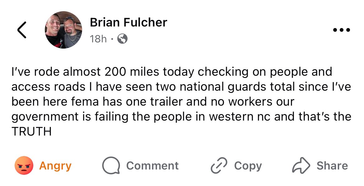 <a href="/MargoinWNC/">Margo</a> Brian, my buddy who owns Carolina Power and Signalization in Fayetteville, went there to help. He’s living off canned beans, and he and his employees are busting their backs out of pure generosity. Meanwhile, FEMA = 🦗, doing absolutely nothing. It’s not just frustrating— it’s