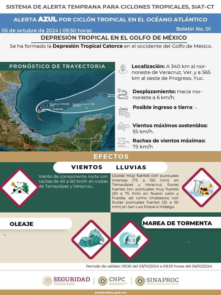 ⚠️🔵 ¡AVISO #AlertaAzul! Debido al acercamiento de la Depresión Tropical 14 a nuestras costas, la zona norte de #QuintanaRoo entra en aleta azul de acercamiento, #PeligroMínimo para los municipios de Lázaro Cárdenas, Benito Juárez, Isla Mujeres y Puerto Morelos. Es fundamental