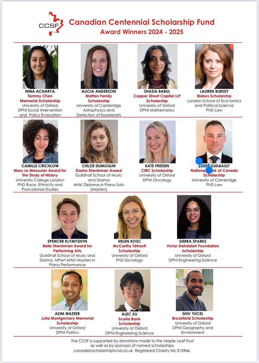 We are so pleased to announce our incoming CCSF scholars for the year 2024-25. You can find them below and read more about their work on our website. We will be showcasing each individual scholar and their research in the coming weeks.
 
canadianscholarshipfund.co.uk/2024/10/announ…