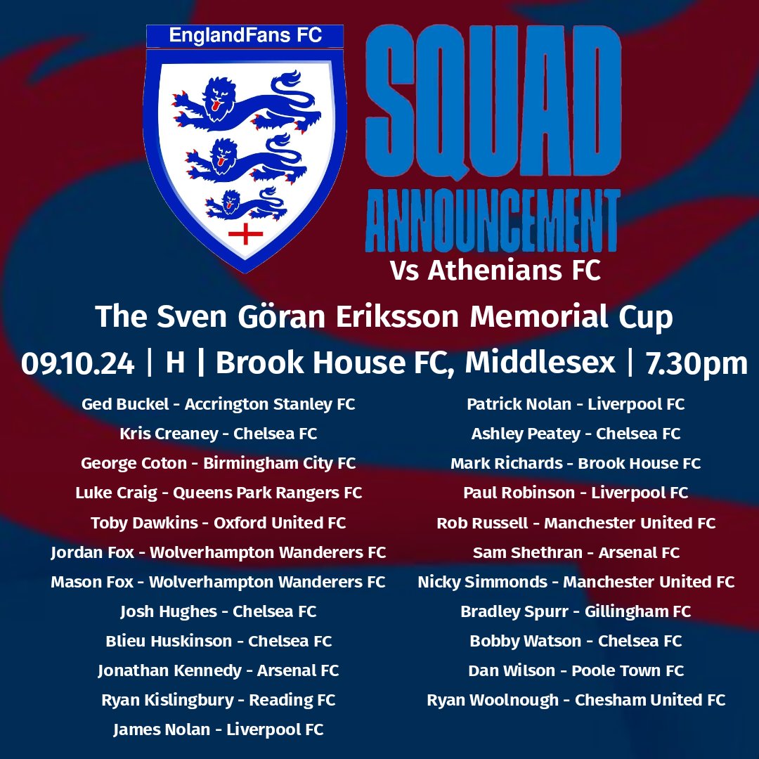 Squad Announcement |

Here is your 23 man squad for the fixture vs Athenians FC next week at <a href="/BrookHouseFC/">Brook House FC</a>.

🏴󠁧󠁢󠁥󠁮󠁧󠁿⚽️🇬🇷