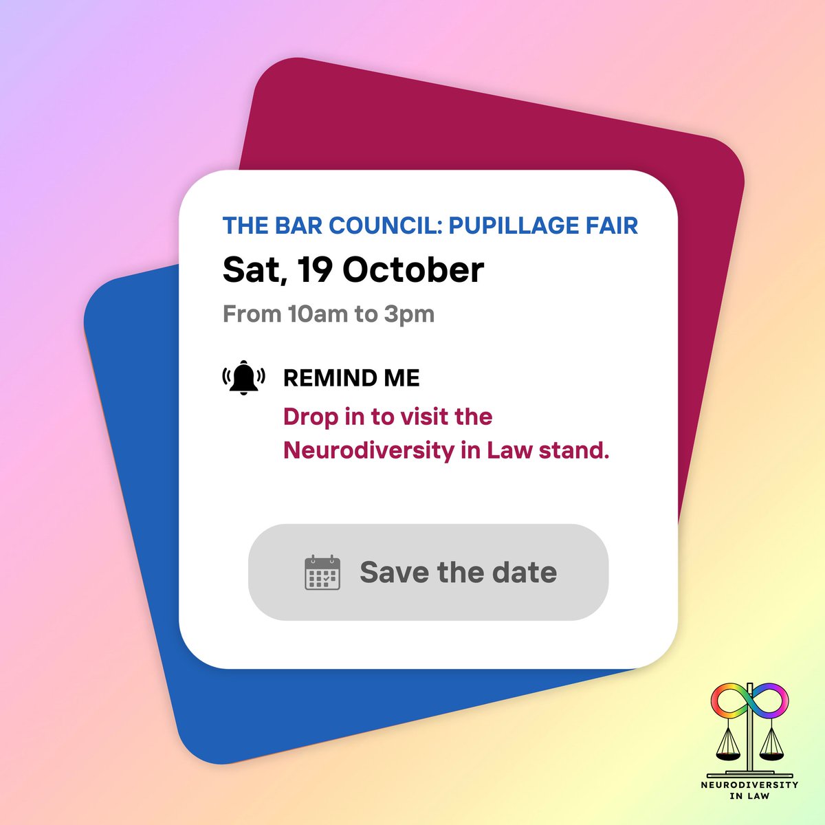 Will you be attending The Bar Council's Pupillage Fair? ⚖️

📅 Save the Date: 19 October!

Come along and say hello to us at our very own stand in the Community Area. 

We’ll be there from 10am to 3pm, ready to chat about anything neurodiversity (and offer you some merch)! 💬