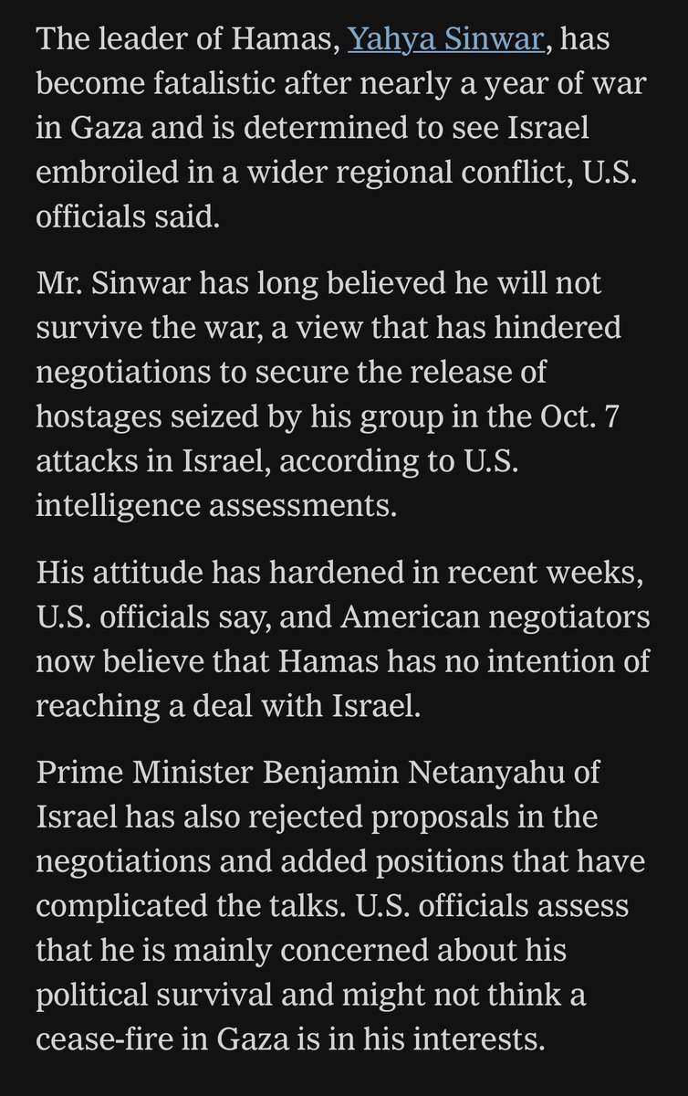 On July 2, Hamas accepted the ceasefire terms proposed by Joe Biden and ratified by the UN Security Council. Benjamin Netanyahu waged a sabotage campaign and torched the deal. Israel then expanded its wars. Let’s check in on latest New York Times coverage of this situation: