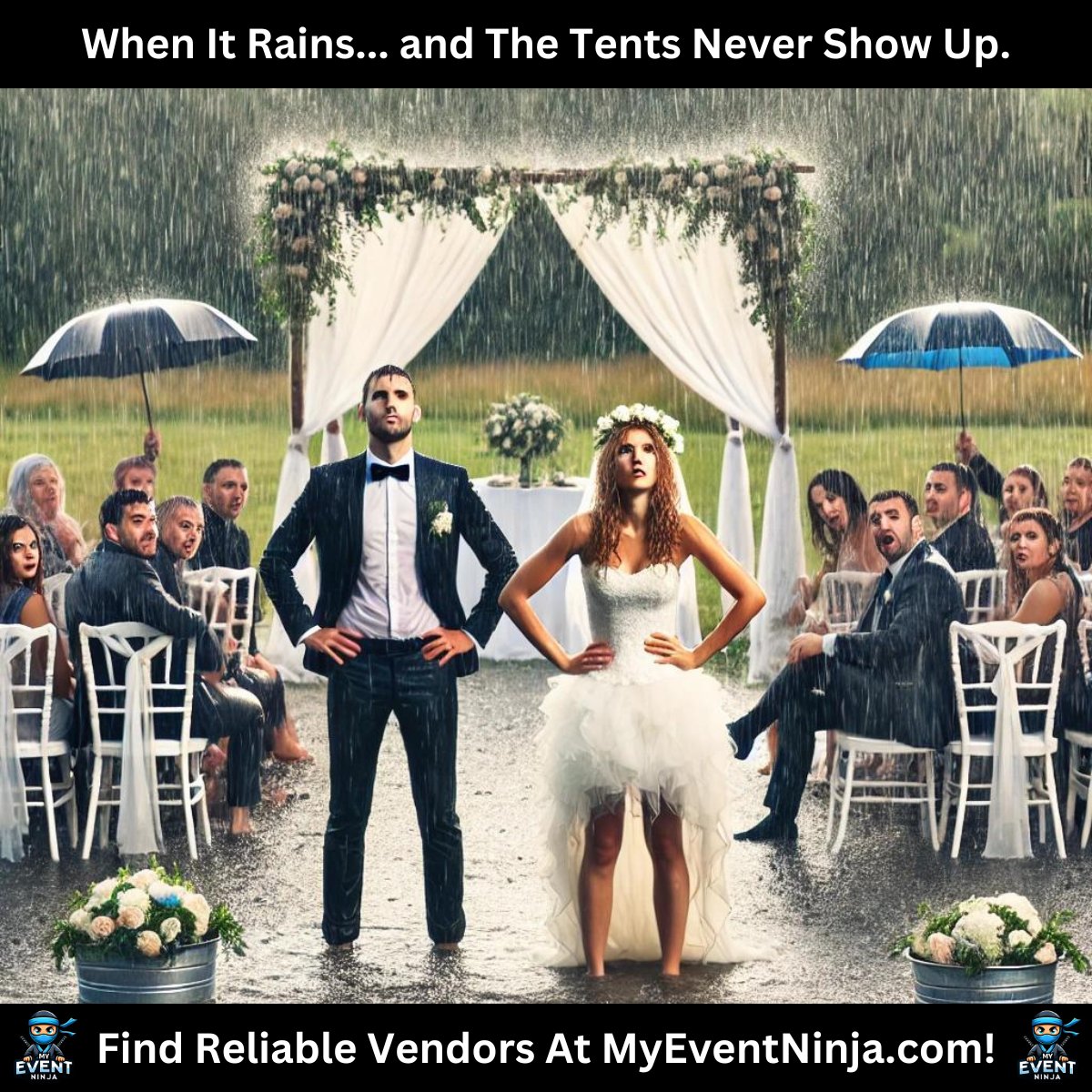 Planning an outdoor wedding? Don’t let the rain ruin your day! 🌧️ Find pros who come prepared at MyEventNinja.com and avoid the chaos. 💍✨ #EventPlanning #VendorFails #WeddingDisaster #MyEventNinja