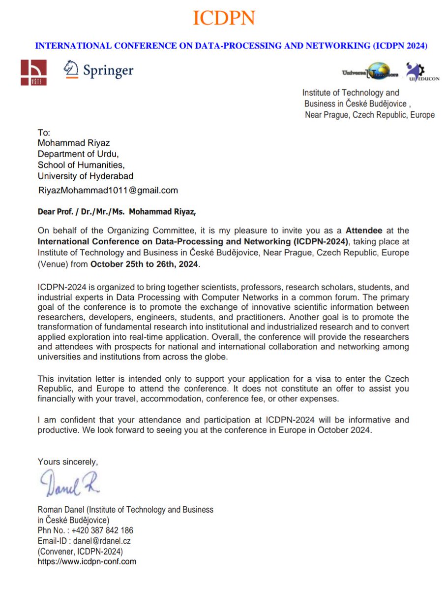 NehaLawyer's tweet photo. My cousin Riyaz @Mohamma39292389, an Urdu Research scholar of @HydUniv has been invited to an International conference in the Czech Republic. He needs an amount of ₹3Lakh for sponsoring his trip but only ₹1 lakh has been sanctioned by the University. https://t.co/dYbEqWnV8y