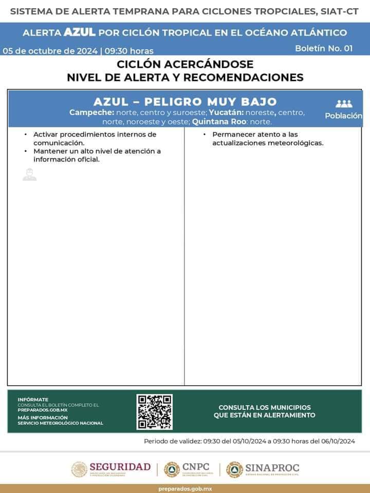 PCivilCancun's tweet image. ⚠️🔵 AVISO METEOROLÓGICO. 

 #AlertaAzul 
Debido al acercamiento de la Tormenta Tropical Milton a nuestras costas, la zona norte de #QuintanaRoo entra en aleta azul de acercamiento. 
#PeligroMínimo para Benito Juárez 
1/3