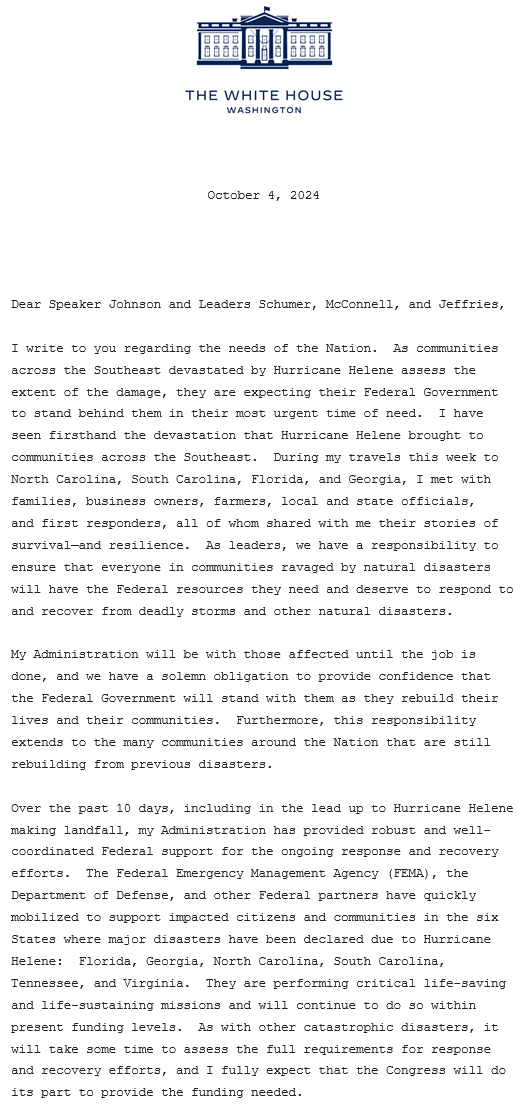 Laurie_Garrett's tweet photo. Given the scale of tragedy and suffering #HurricaneHelene has brought to FL, GA, NC, TN it is astounding that @POTUS #Biden has to beg the #Republican House to do its job.
"I write to you regarding the needs of the Nation." https://t.co/DlOVP56yDQ