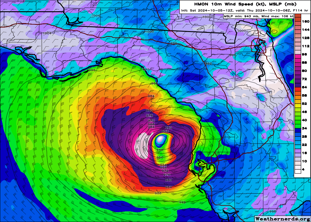 BhatiaKieran's tweet photo. These 4-5 day 12Z forecasts from the regional dynamical models (#HWRF #HMON #HAFS) for #TD14/#Milton are very alarming for #TampaBay #StPete FL. The only good news is they are long range forecasts- the track and intensity forecasts could change- hopefully revised downwards. https://t.co/sQG3lunESy