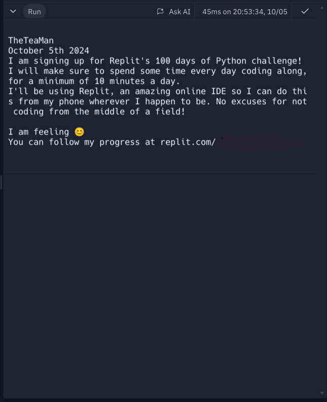 tee_sec's tweet photo. Day 01 of #100DaysofPythonCoding
Hello to the world of coding and my very first project! Day 1 of #Replit100DaysOfCode #100DaysOfCode. Join me on @Replit https://t.co/kzNg8JjzX5
@allenharper https://t.co/OPOk82Qene