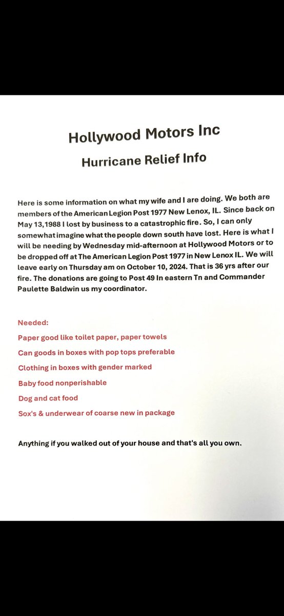 SueKleinmeyer's tweet image. Our friends at @HollywoodMtrs in Brookfield, owners Jeff and Cyndi Wahl, will be transporting needed supplies to the flooding victims in Tennessee later this week. Please see the attached information if you are interested in helping. #spreadtheword