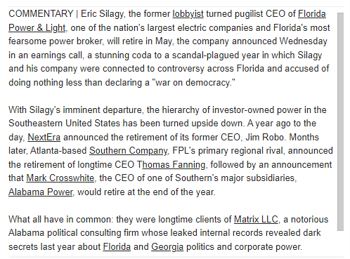 MusicSuiteC's tweet photo. Below are excerpts from the above article by Nate Monroe:

#AlabamaPower   #SouthernCompany   #lobbyist #MarkCrosswhite   #TomFanning   #AlabamaPower   #NextEra   #Matrix   #EricSilagy   #TomFanning #Georgia   #Florida https://t.co/O5dOJ4NDlT