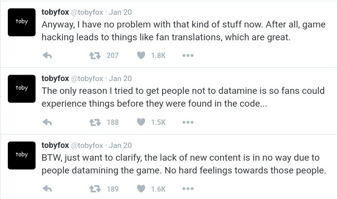 dailytobytrivia's tweet photo. A time ago, Toby left a message for dataminers telling people not to post the game's secrets online and warning them he would stop making secrets otherwise

He later clarified this wasn't serious and he did it so fans could experience things before they were found in the code https://t.co/hxLw2H84D1