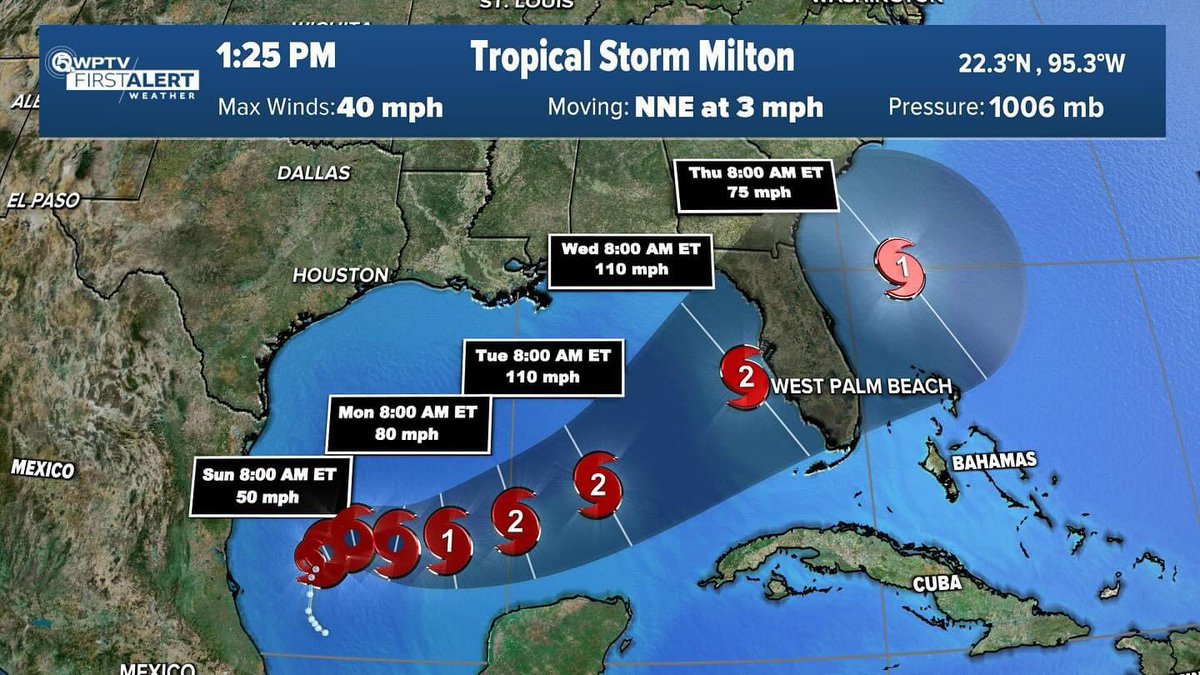 System *strengthening* in the #Gulf becomes #TropicalStormMilton, expected to be a Cat. 1 hurricane by Monday and make landfall along the west coast of #Florida as a Cat. 2 storm on Wednesday. 

LATEST: wptv.com/weather/tropic… <a href="/WPTV/">WPTV</a>