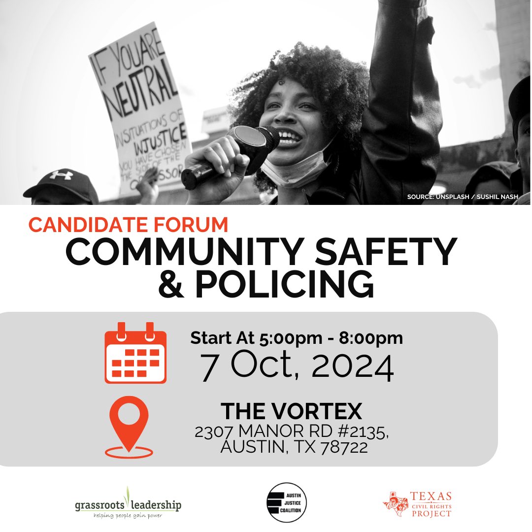 Find out where Austin city council candidates stand on community safety and policing by joining us on Monday night! secure.everyaction.com/f9ILr9UOrkydR8…