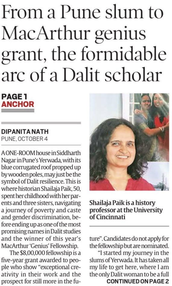 NitinRaut_INC's tweet photo. Heartiest congratulations !!

An Indian-American professor, Shailaja Paik, conducting research on and writing about Dalit women has received a $800,000 "genius" grant from the MacArthur Foundation. 

Paik has provided new Insight into the history of caste domination and traces the ways in which gender and sexuality are used to deny Dalit women dignity and personhood.

Hailing from Pune's Yerwada slum shailaja's groundbreaking story is an Inspiration for many.

Once again many congratulations to her !!