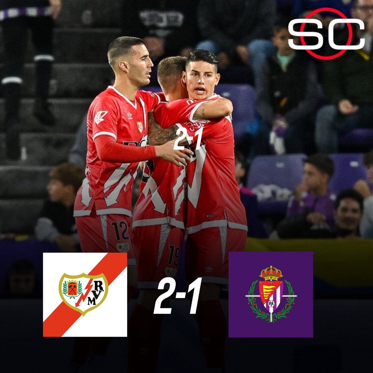 Full time score Rayo Vallecano 2-1 Valladolid. What an incredible performance and win for Rayo today with both goals coming from Jorge De Frutos with 2 outstandingly worked finishes. A massive shoutout must go to Mumin and Ratiue for anchoring ⚓️ the defence again 👏 #vamosrayo